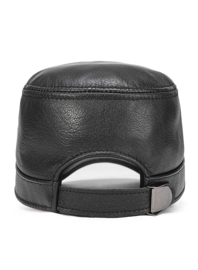 VOBOOM Leather Cadet Army Cap Adjustable Flat Top Military Style Hat for Men (Black) - Image 4